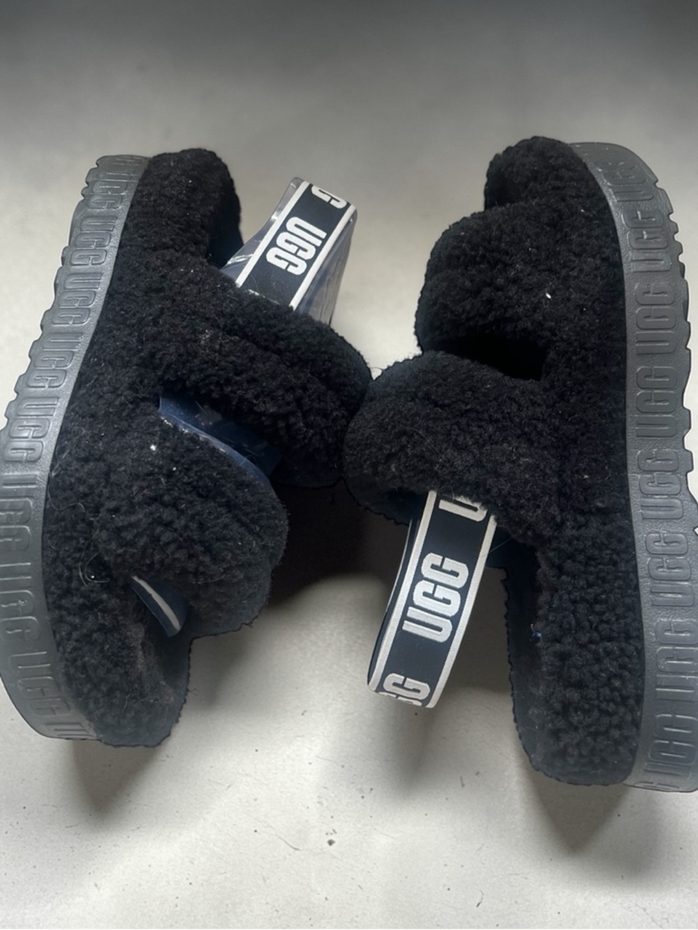 UGG Black Fluff Slide Sandals with Branded Heel Strap